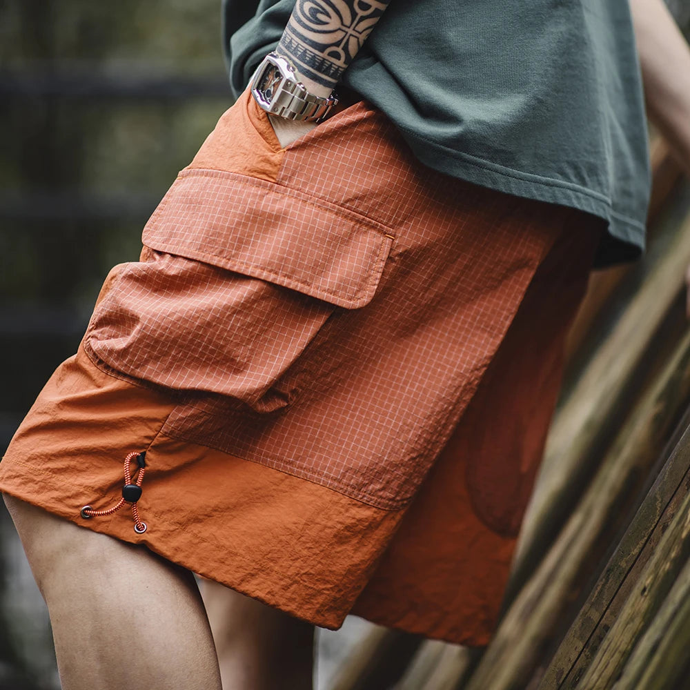Maden Summer Men Straight Shorts Orange Patchwork Gingham Loose Beach Pants Plus Size Shorts Elastic Waist Light Breathable
