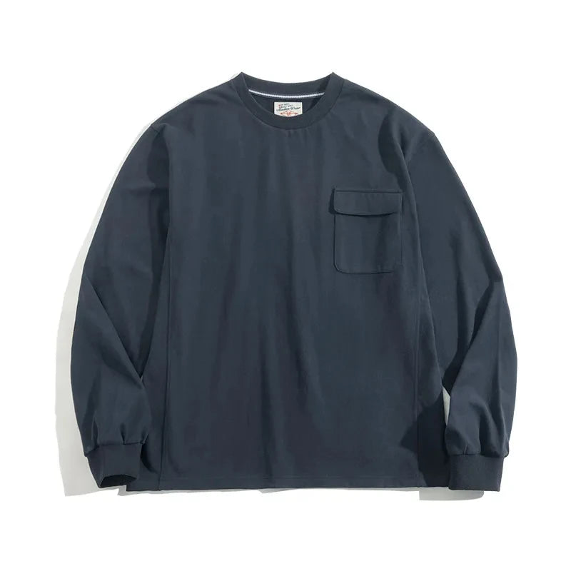 Maden Vintage Long-Sleeve T-Shirt with Suede Elbow Patches and Pocket Loose Fit Crew Neck Cotton Sweatshirt for Men's Autumn Top