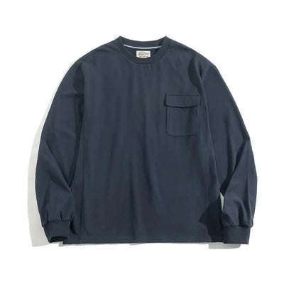 Maden Vintage Long-Sleeve T-Shirt with Suede Elbow Patches and Pocket Loose Fit Crew Neck Cotton Sweatshirt for Men's Autumn Top