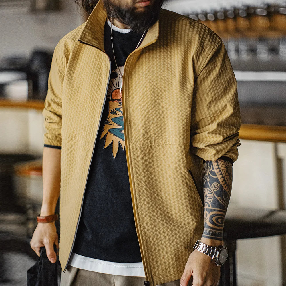 Maden Casual Outdoor Checkered Jacket Men's Spring Summer Breathable Windproof Stand Collar Yellow Zip-Up Versatile Outerwear