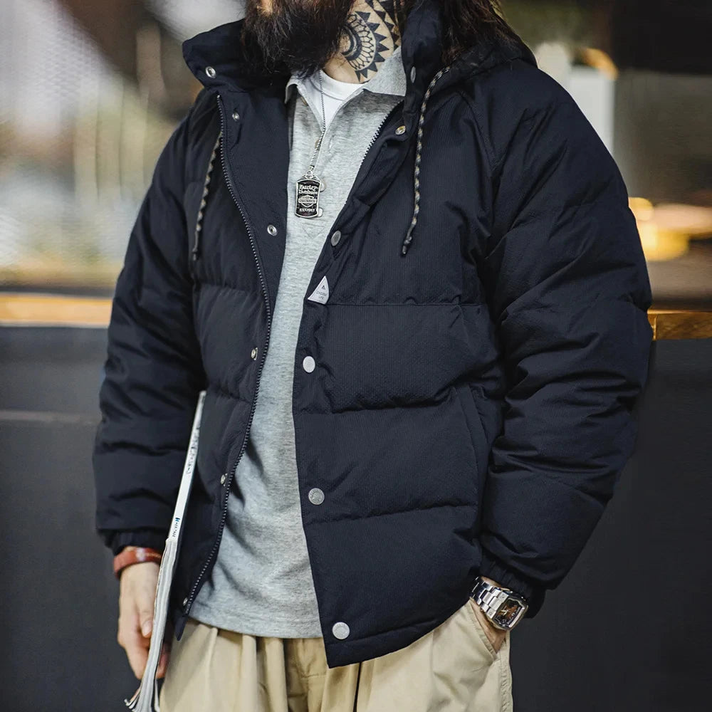 Maden Men's Winter Wide Quilting Seam Thickened Down Jacket White Duck Down Navy Blue Hooded Jacket High Density Fabric Warm Top