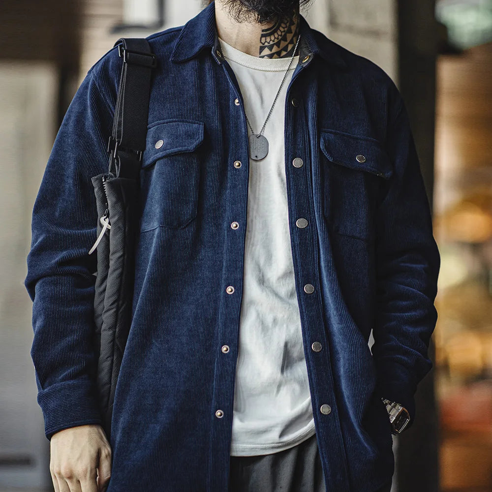 Maden Retro Heavyweight Knitted Velveteen-like Jacket Lapel Solid Color with Pockets Shirt for Men's Autumn and Winter Outwear