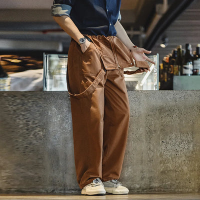 Maden Retro Overalls Casual Straight Jumpsuit for Men's Solid Color Spring and Autumn with Pocket Design Trousers