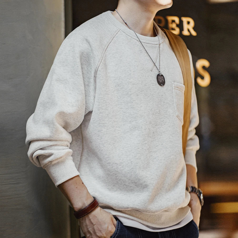 Maden Vintage Heavyweight Round Neck Fleece-lined Hoodie Casual Sporty Thickened Warm Top for Men's Fall and Winter Sweatshirt