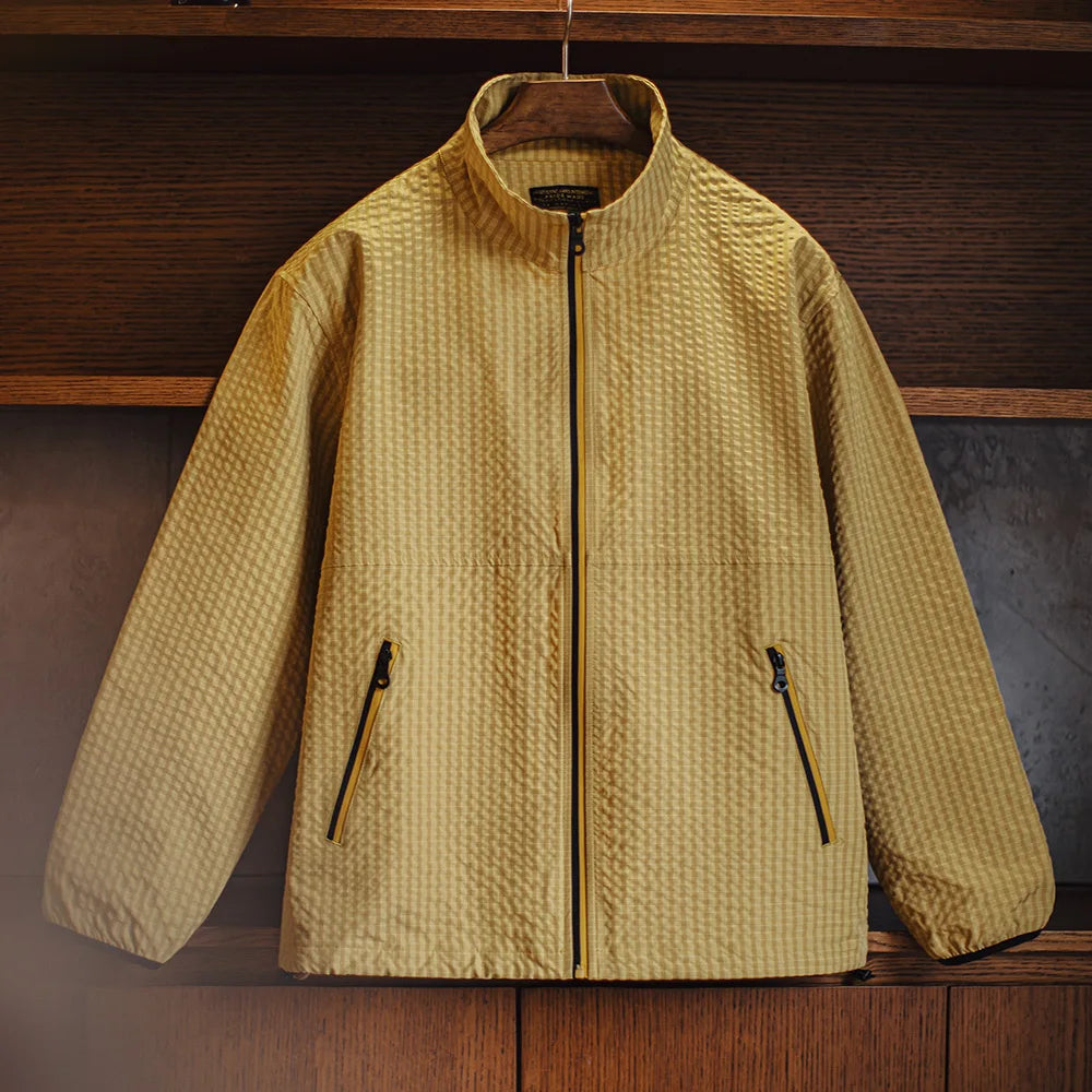 Maden Casual Outdoor Checkered Jacket Men's Spring Summer Breathable Windproof Stand Collar Yellow Zip-Up Versatile Outerwear