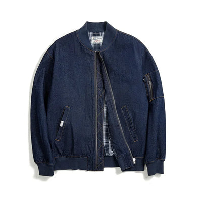 Maden Retro MA-1 Flight 8.9oz Denim Jacket Baseball Collar Bomber Jackets Casual Denim Coats for Men's Versatile Autumn Clothing