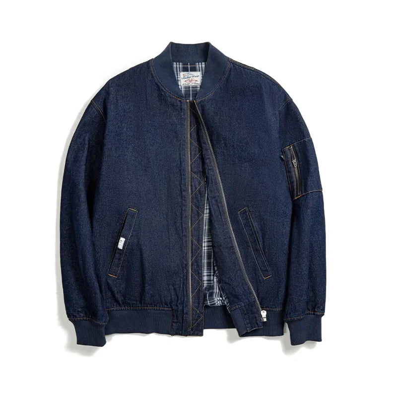 Maden Retro MA-1 Flight 8.9oz Denim Jacket Baseball Collar Bomber Jackets Casual Denim Coats for Men's Versatile Autumn Clothing