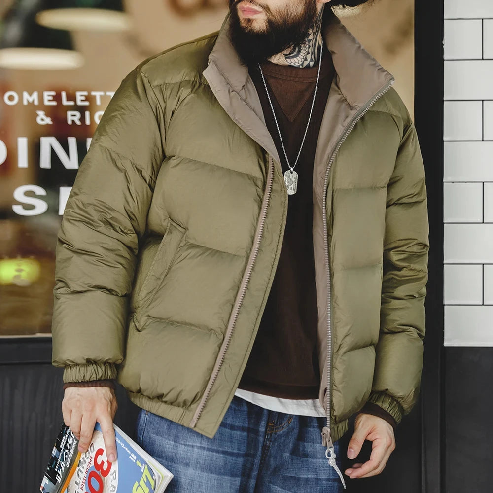 Maden Winter Reversible Down Jacket for Men White Duck Down Filling Versatile Stand-up Collar Warm Coat Mens Solid Color Jacket