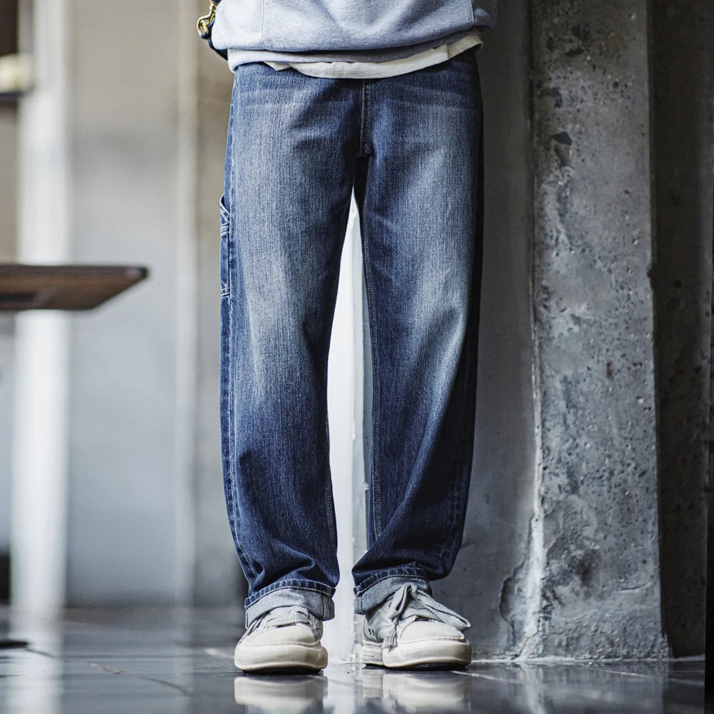 Maden Retro Blue Logging Jeans Washed Denim Loose Cotton Non-elastic Waist Trousers for Men's Daily