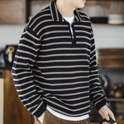 Maden Knitted Striped Polo Sweater Blended Knit Lapel Pullover Men's Casual Color Collision Jumper Black American Workwear Tops
