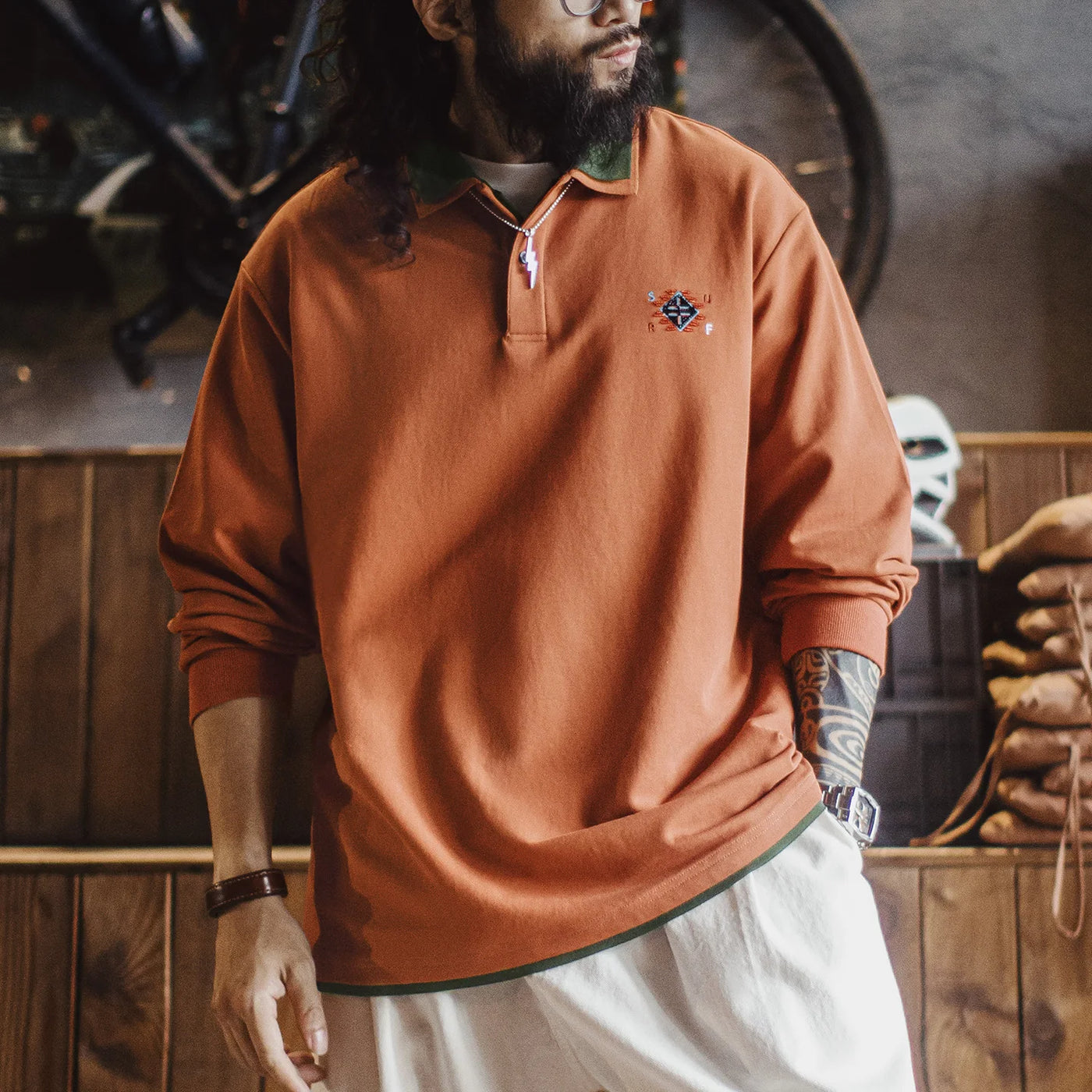 Maden Men's Vintage Navajo Embroidered Polo Shirt Contrast Knitted Sweatshirt Loose Fit Long Sleeve Pullover for Spring Fall