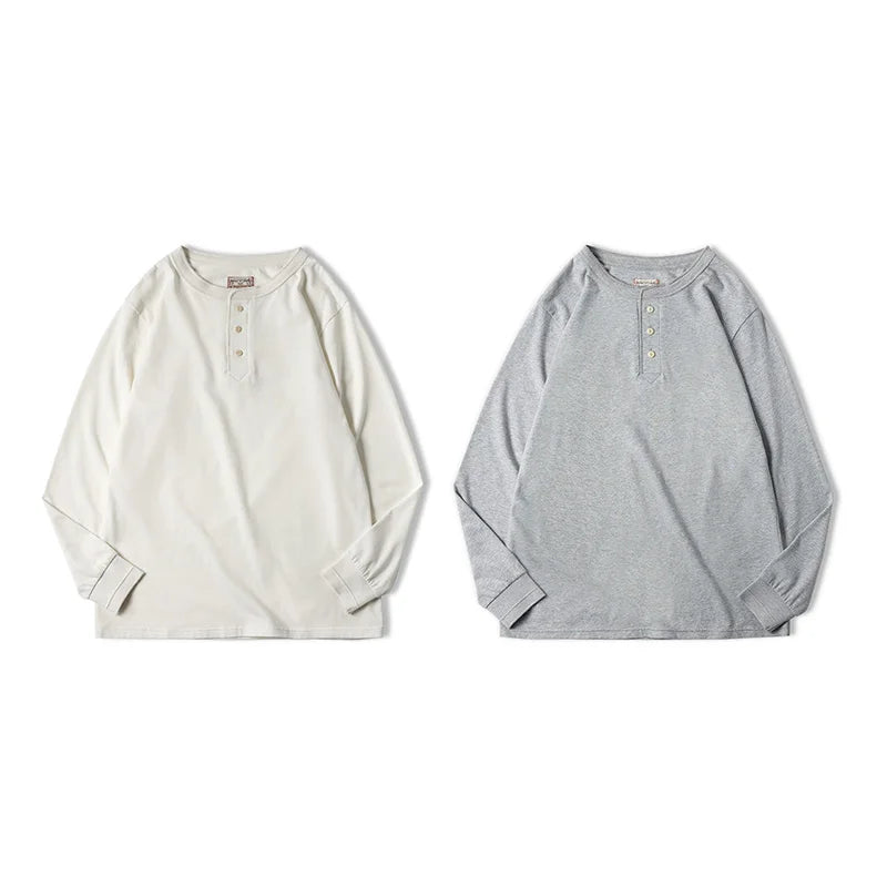 Maden Long-sleeved Henley Shirt for Men Three-button Classic Design Round Collar Beige Basic T-shirts Male Autumn Thin Tees