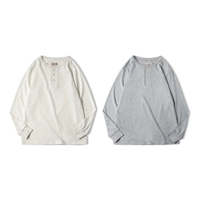 Maden Long-sleeved Henley Shirt for Men Three-button Classic Design Round Collar Beige Basic T-shirts Male Autumn Thin Tees