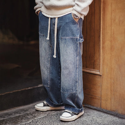 Maden Vintage Double-knee Lumberjack Jeans Washed Distressed Loose Wide-leg Pants for Men with Elastic Waist Drawstring Trousers
