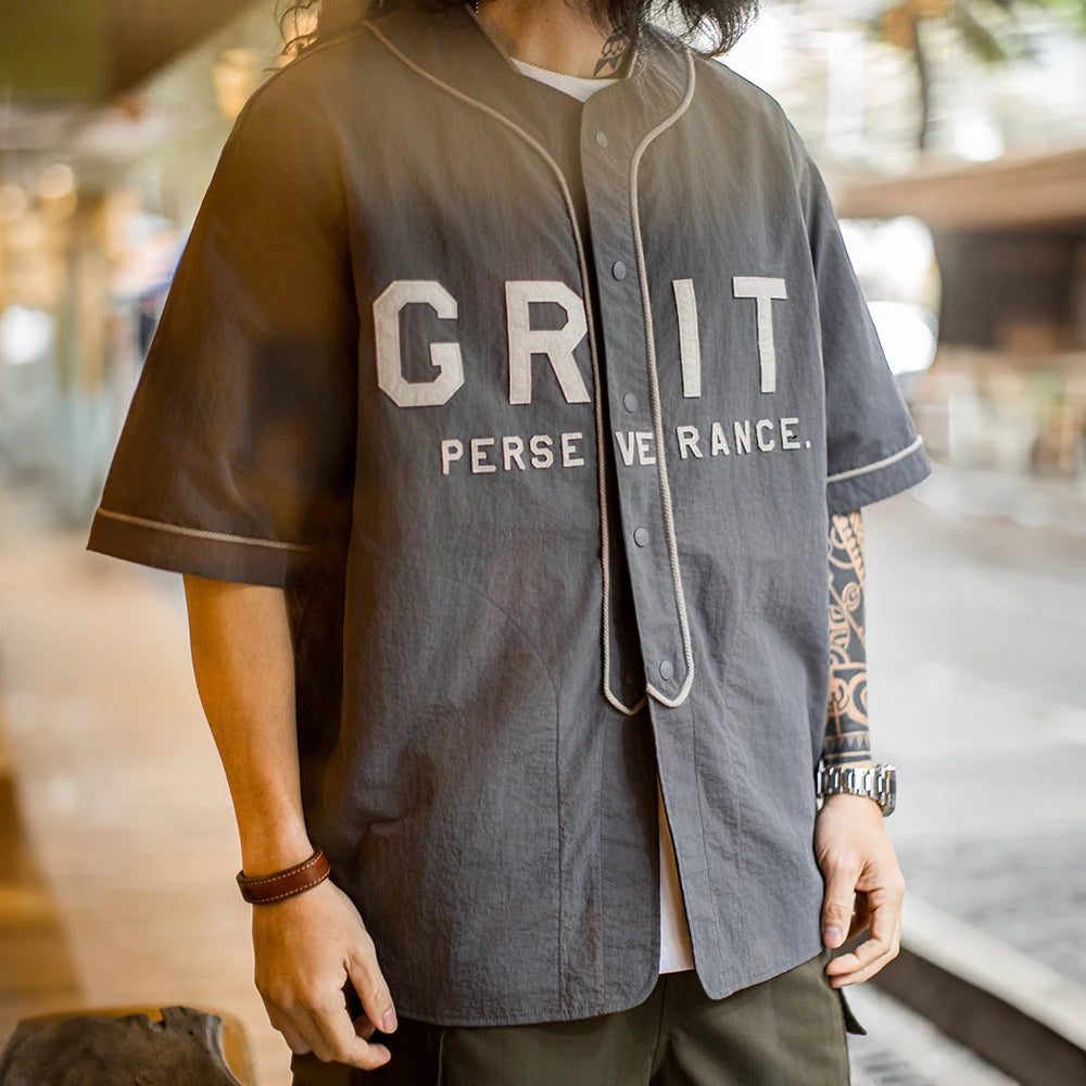 Maden Casual Grey Short Sleeve Baseball Shirt Men Summer Lightweight  Color-Block Letter Shirt Loose Fit Single Breasted Blouse