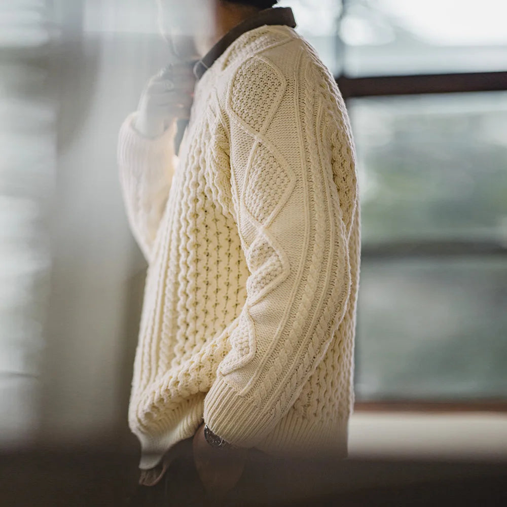 Maden Men's Retro Aran Sweater Autumn and Winter Thickened Knitwear Beige Round-neck Woven Sweater Versatile Leisure Pullover