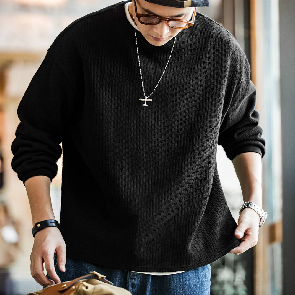Maden Black Crew Neck Sweater for Men Loose-fit Knitted Hoodie Autumn Casual Drop-shoulder Sleeve Pullover Stretch Ribbed Collar