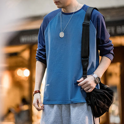 Maden Casual Color-Block Mesh Long Sleeve T-Shirt Men's Spring Round Neck Pullover Breathable Layering Tee Blue Versatile Top
