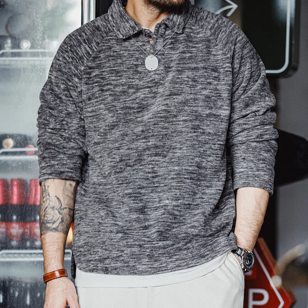 Maden Casual Half-button Placket Polar Fleece Polo Shirt Loose Fit Pullover Sweatshirt with Raglan Sleeves Warm Tops for Men