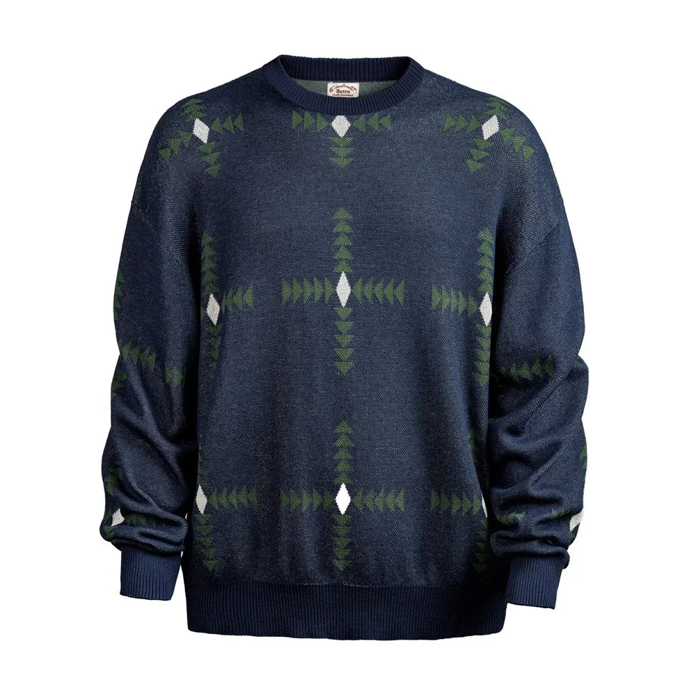 Maden Retro Geometric Pattern Knitted Sweater College Style Christmas Loose Round Neck Pullover for Men's  Fall and Winter Tops