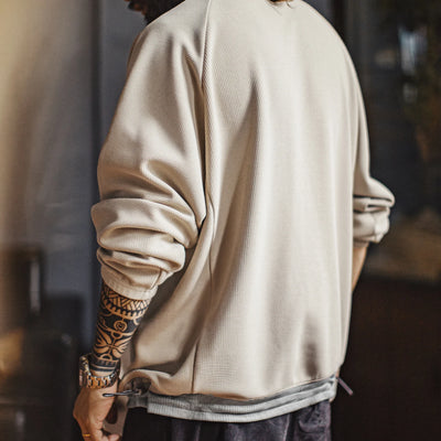 Maden Men‘s Casual Waffle Weave Sweatshirt Loose Fit Crew Neck Pullover Contrasting Drawstring Hem Casual Outerwear Spring Fall