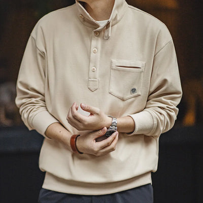 Maden Men's Half-Placket Sweatshirt American Retro Casual Polo Collar Shirt Cozy Style Lapel Pullover for Men Spring and Autumn