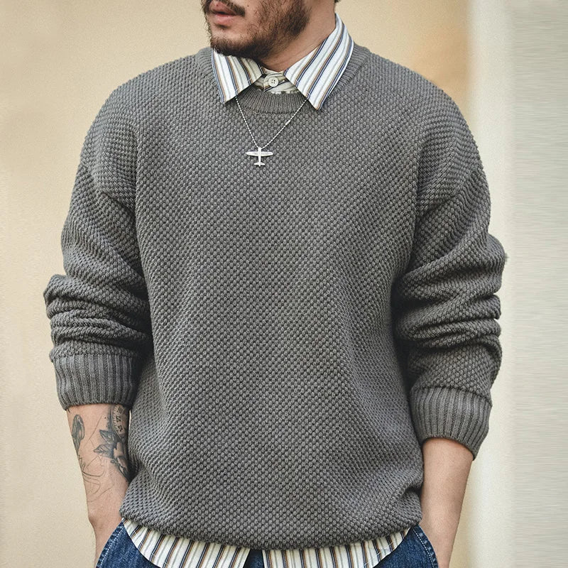 Maden Workwear Men's Vintage Heavyweight Grey Pineapple Pattern Sweater Thickened Round Neck Lazy Autumn Knit