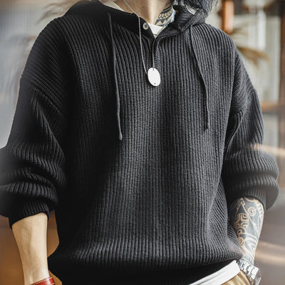 Maden Casual Henley Collar Knitted Hooded Sweatshirt Loose Solid Color Pullover for Men's Autumn and Winter Warm Versatile Tops