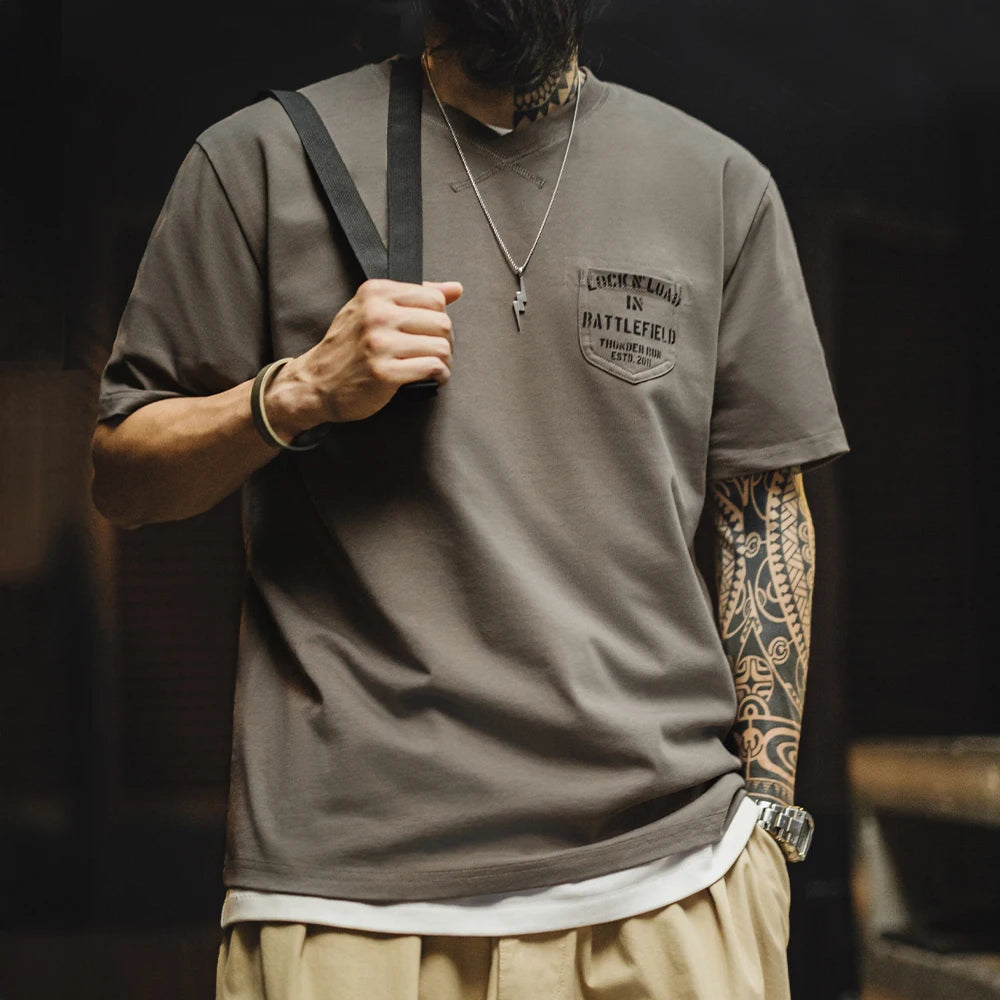 Maden Vintage Military Print Chest Pocket Short Sleeves T-Shirt Ribbed V-Neck 100% Cotton Men's Summer Tee Casual Street Tops