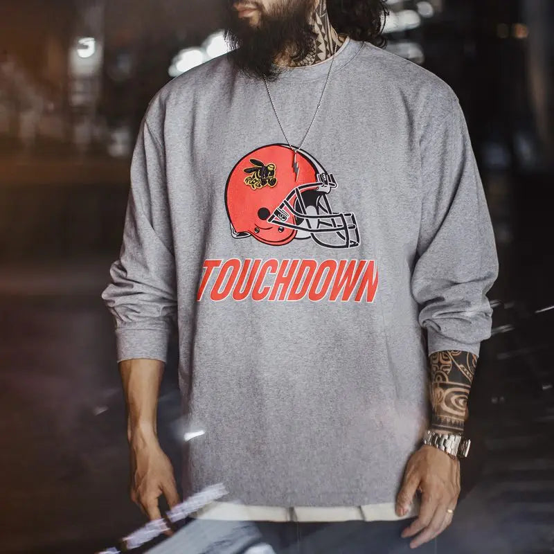 Maden Men's Vintage Embroidered Sweatshirt Print Crew Neck Hoodie Loose Fit Gray Casual Cotton Pullover for Spring and Fall