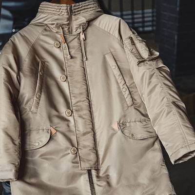 Maden Retro Pilot Cotton-padded Jacket Thickened Mid-length Hooded Warm Coat for Men's Autumn and Winter Khaki Color Outwear
