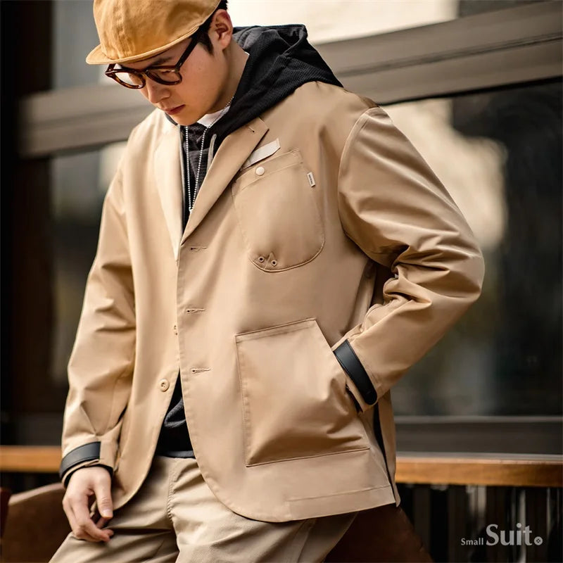Maden New Casual Notch Lapel Men's Spring Jacket with Loose Fit Single Breasted Multi-Pocket Blazer Vintage Versatile Outerwear
