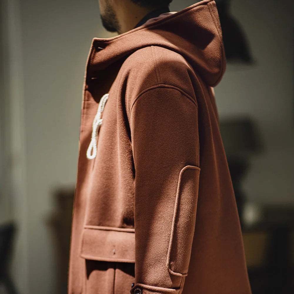 Maden Unisex Retro Horn Button Hooded Coat College Style Loose Long-length Warm Solid-color Outerwear for Fall and Winter