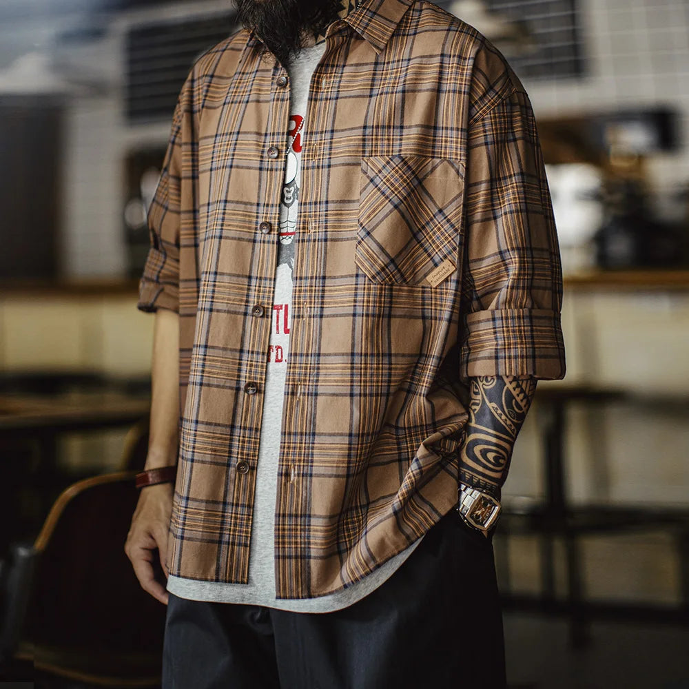 Maden Men's Vintage Plaid Long Sleeve Shirt Lightweight Cotton Single-breasted Collar Loose Fit Blouse Casual Spring Fall Top