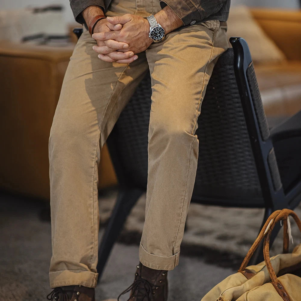 Maden Vintage Heavyweight Khaki Casual Pants Twill Cotton Straight Pants  for Men's Autumn Workwear Classic Zip Fly Trousers