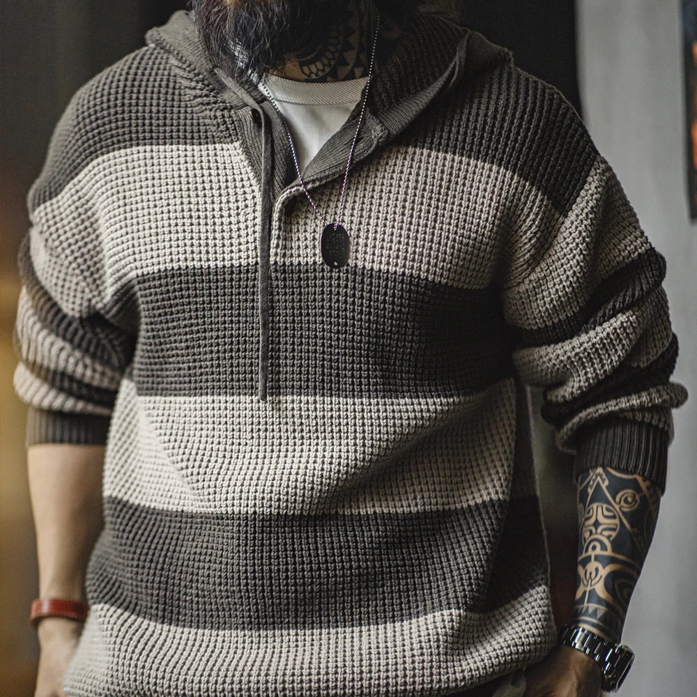 Maden Casual Striped Knit Hoodie for Men's Loose Pullover Sweater with Wooden Button Collegiate Style for Fall and Winter Tops