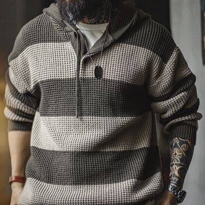 Maden Casual Striped Knit Hoodie for Men's Loose Pullover Sweater with Wooden Button Collegiate Style for Fall and Winter Tops