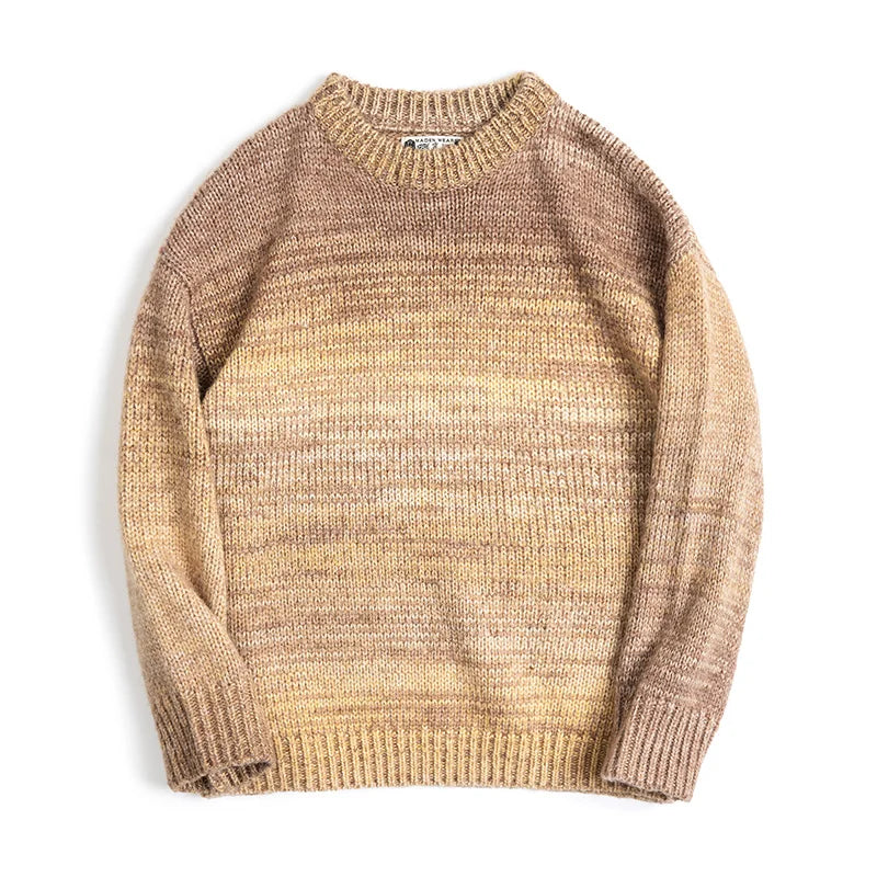Maden Men's Autumn Winter American Vintage Gradient Stripe Sweater Pullover Round Neck Blended Knitwear