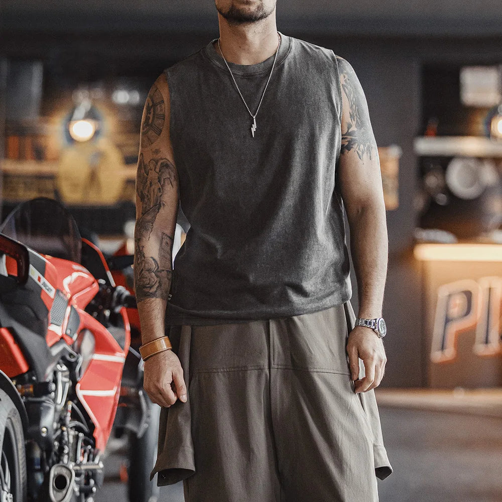 Maden Retro Aged Men's Summer Tank Tops Cotton Breathable Sports Fitness Vest Solid Color Sleeveless T-shirt for Base Layers