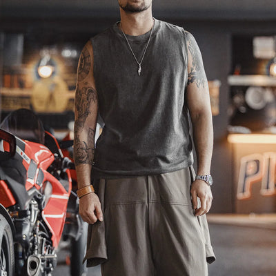 Maden Retro Aged Men's Summer Tank Tops Cotton Breathable Sports Fitness Vest Solid Color Sleeveless T-shirt for Base Layers