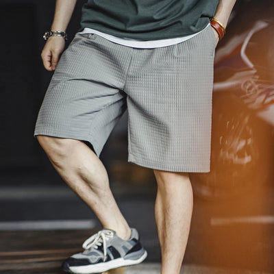 Maden Men's Summer Shorts Wrinkle-Resistant 3D Grid Pattern Straight-Fit Bermuda Shorts with Elastic Waist Short Pants