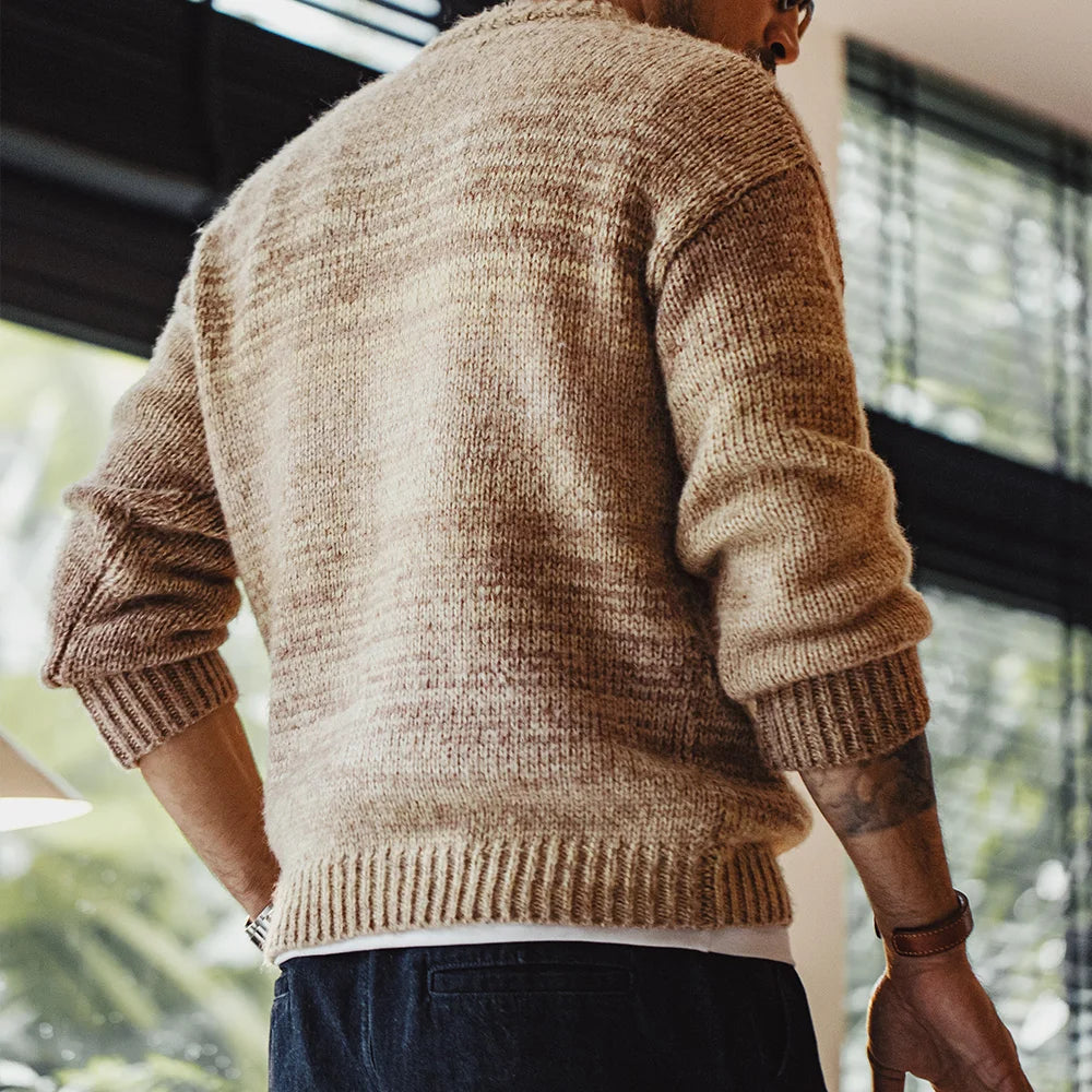 Maden Men's Autumn Winter American Vintage Gradient Stripe Sweater Pullover Round Neck Blended Knitwear