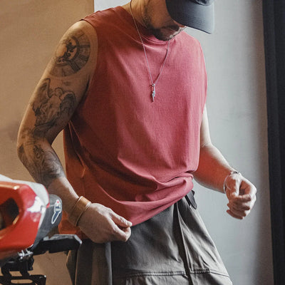 Maden Retro Aged Men's Summer Tank Tops Cotton Breathable Sports Fitness Vest Solid Color Sleeveless T-shirt for Base Layers