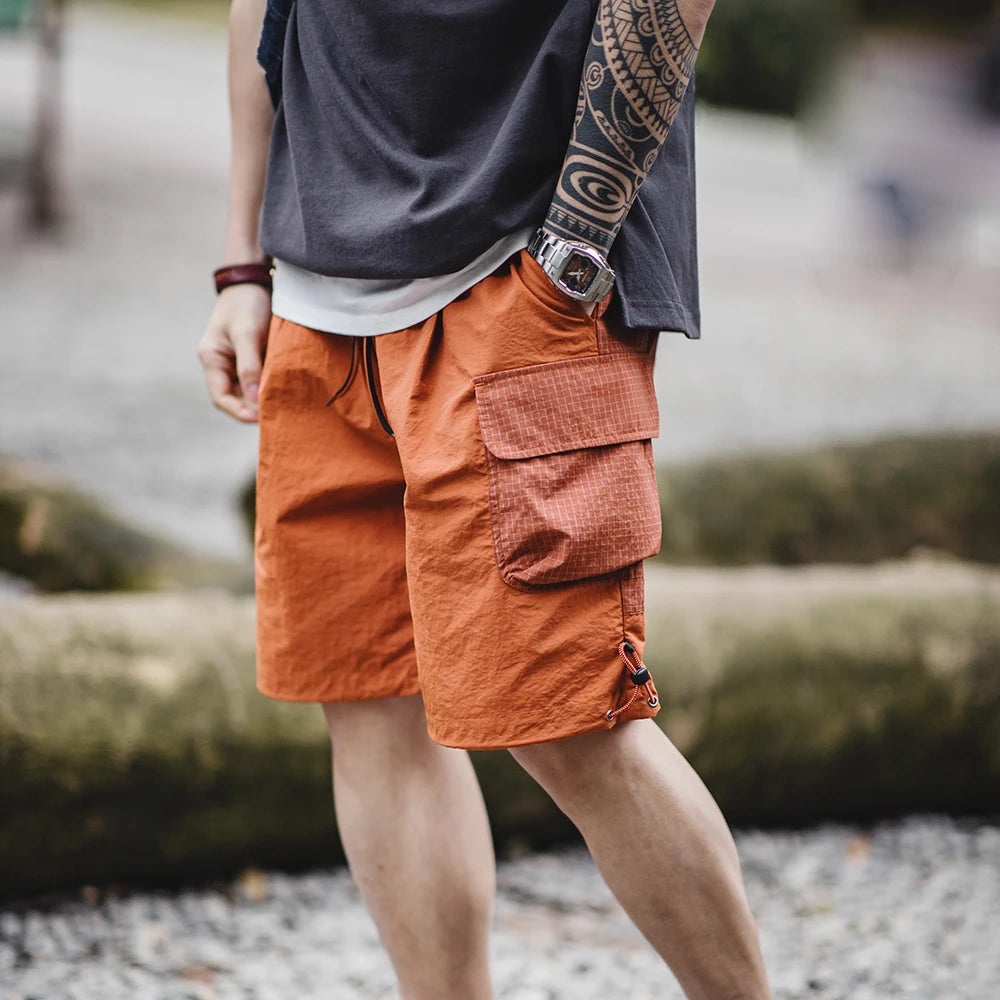 Maden Summer Men Straight Shorts Orange Patchwork Gingham Loose Beach Pants Plus Size Shorts Elastic Waist Light Breathable