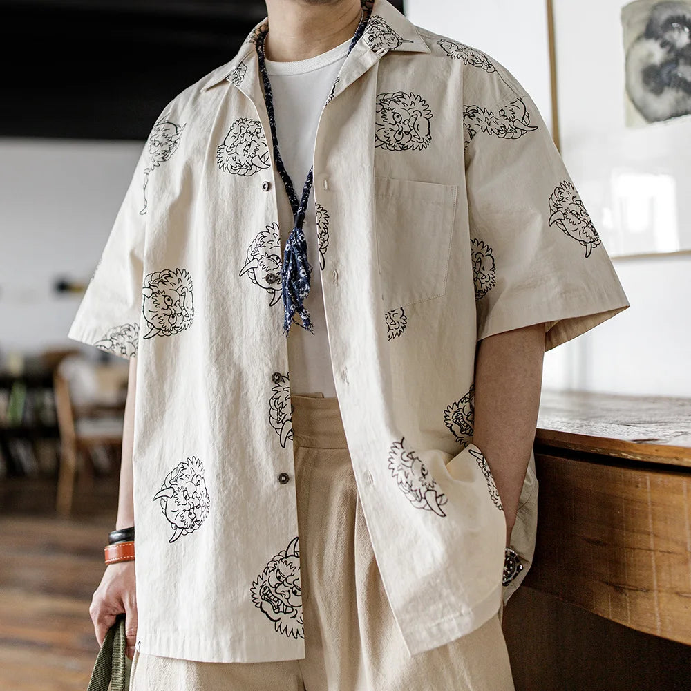 Maden Men's Japanese Vintage Linen Sense Print Shirts 100% Cotton Loose Short Sleeve Shirt Blouses 2023 Summer Workwear Tops