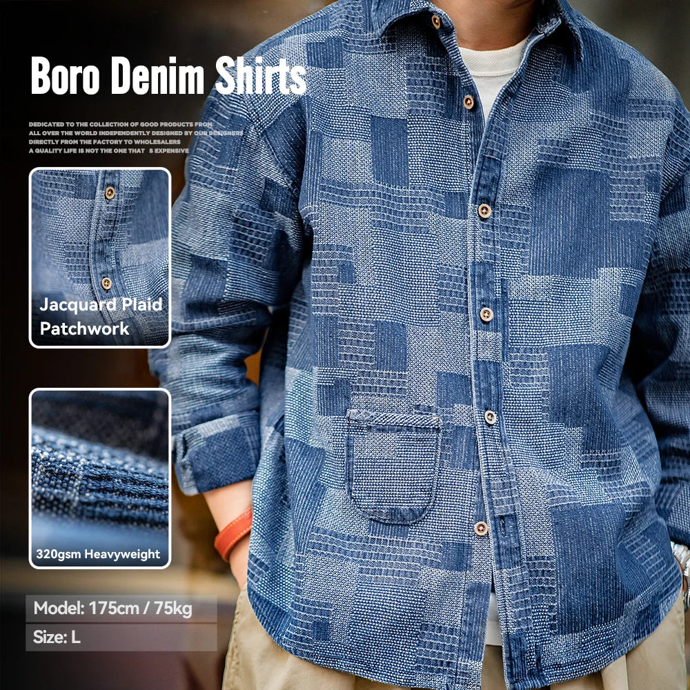 Maden Retro Boro Cloth Denim Shirts with Lapel Collar Patchwork Design Long-sleeved Shirt for Men's Spring and Autumn Tops